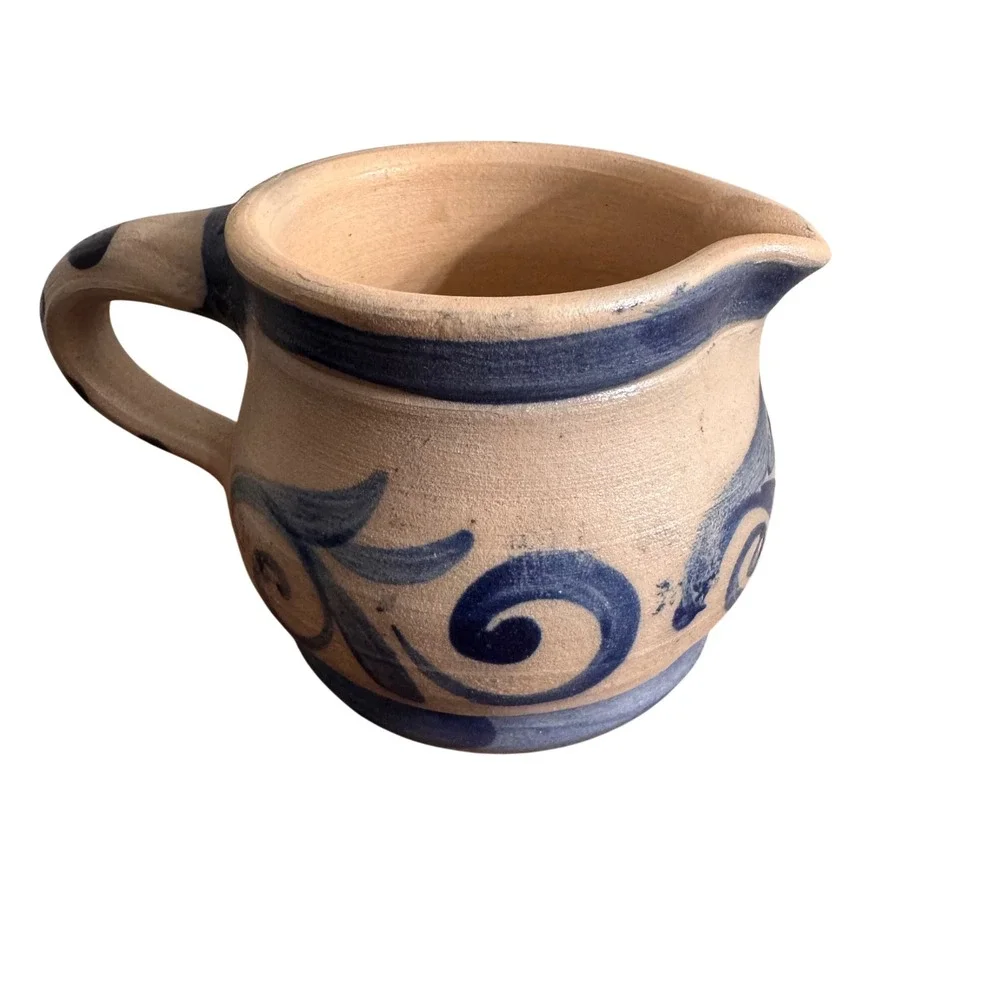 Vintage German Salt Glaze Stoneware Creamer Blue Cobalt Folk Art‎ Floral Pitcher